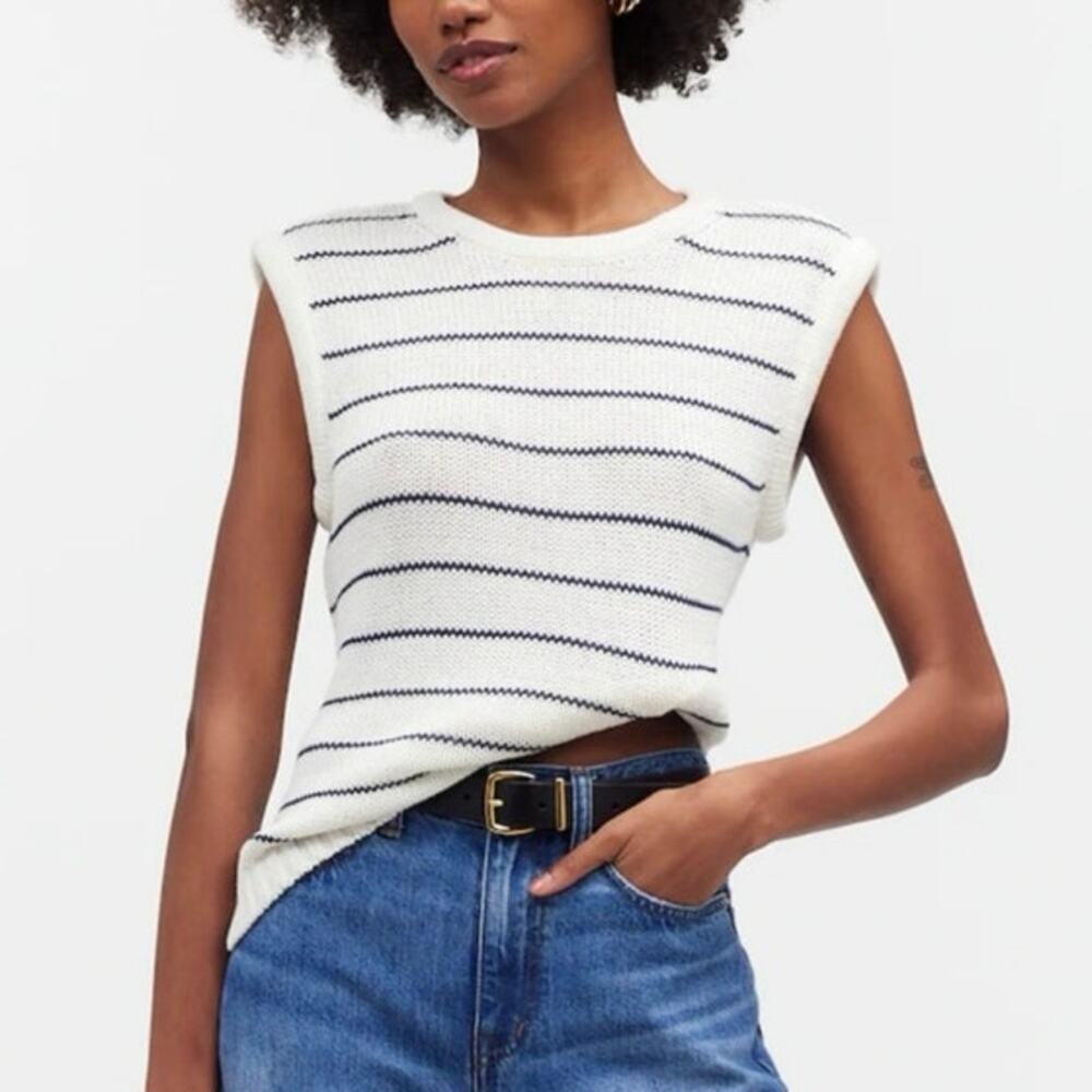 Madewell Puff-Trim Sweater Vest in Stripe Bright Ivory Size XS NWT